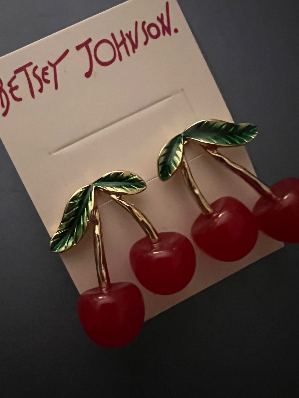 Betsey Johnson Red Cherry Earrings with Green Leaves